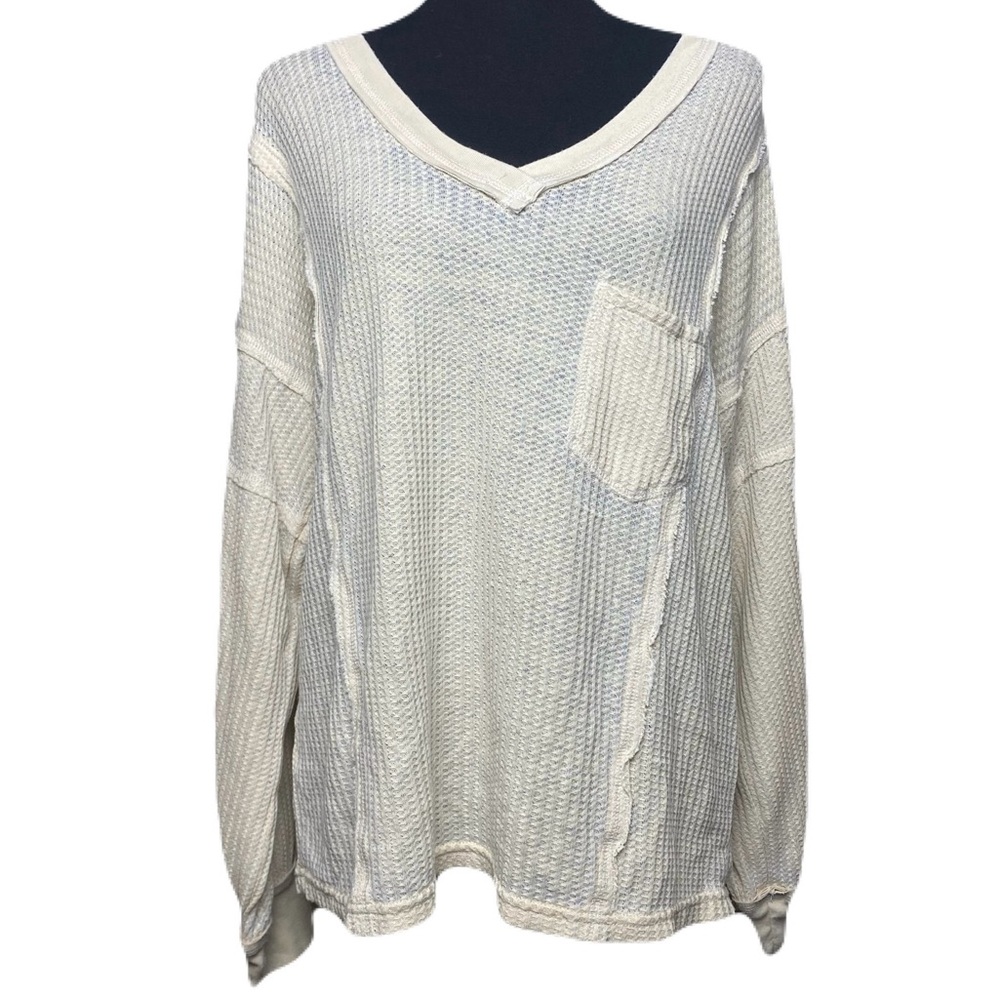 American Rag Cream V-Neck Waffle‎ Knit Long Sleeve Shirt
